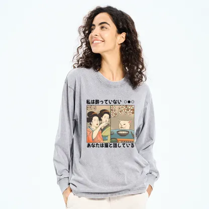 Tokyo-Tiger Japanese Woman Shouting at a Cat Washed Long Sleeve T-Shirt