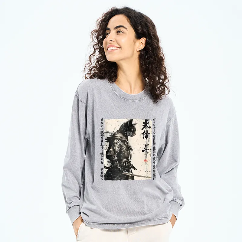 Tokyo-Tiger Cat Samurai Retro Washed Long Sleeve T-Shirt
