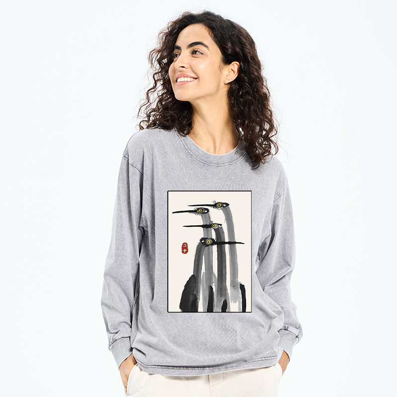 Tokyo-Tiger Japanese Crane Poster Washed Long Sleeve T-Shirt