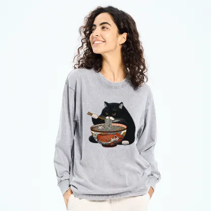 Tokyo-Tiger Fat Cat Eating Ramen Washed Long Sleeve T-Shirt