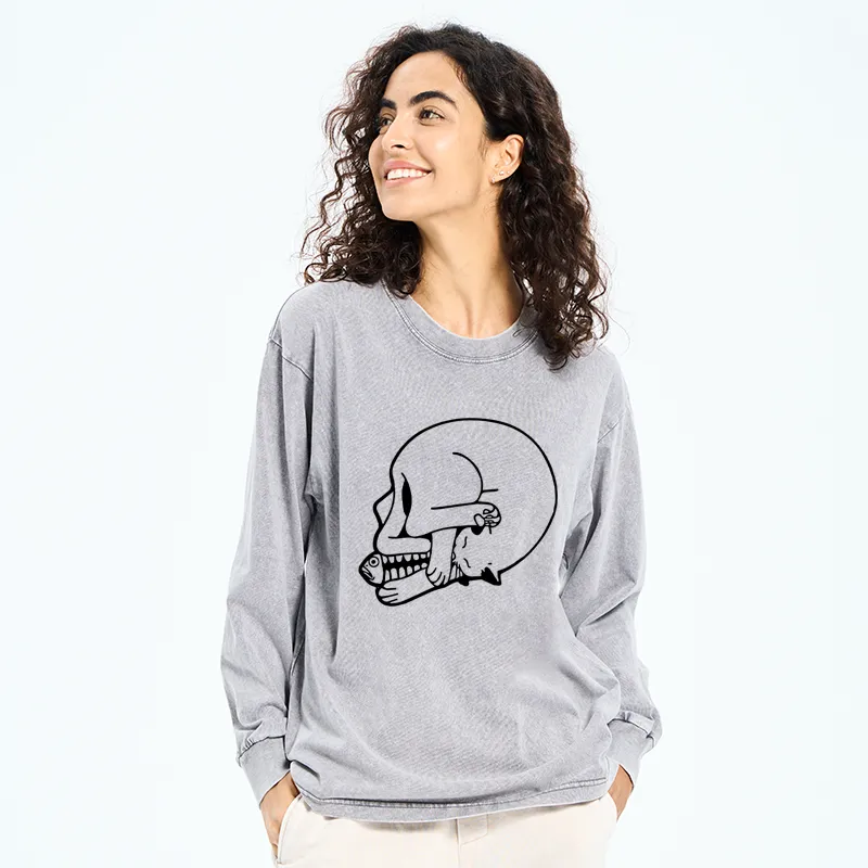 Tokyo-Tiger Funny Cat Eating Fish Washed Long Sleeve T-Shirt