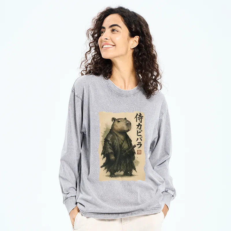 Tokyo-Tiger Capybara Samurai Washed Long Sleeve T-Shirt