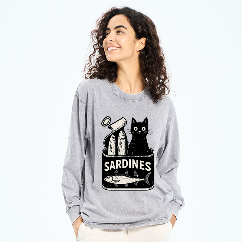 Tokyo-Tiger Cat And Canned Fish Washed Long Sleeve T-Shirt