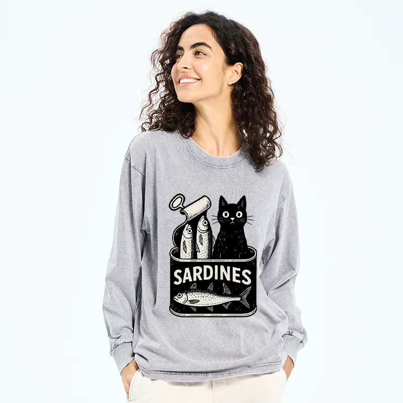 Tokyo-Tiger Cat And Canned Fish Washed Long Sleeve T-Shirt