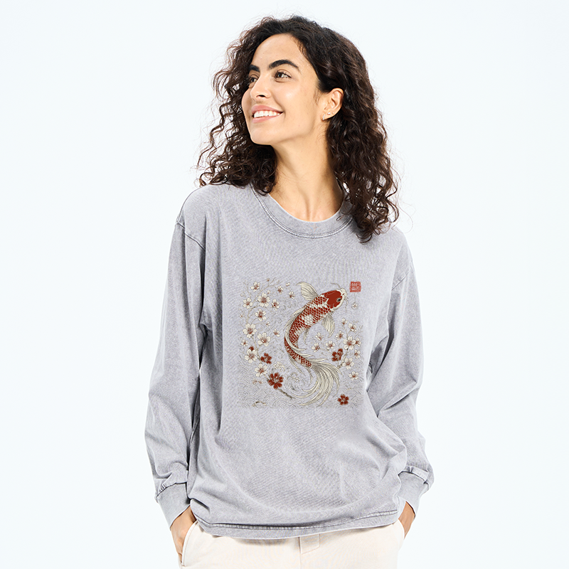 Tokyo-Tiger Vintage Sakura And Koi Washed Long Sleeve T-Shirt