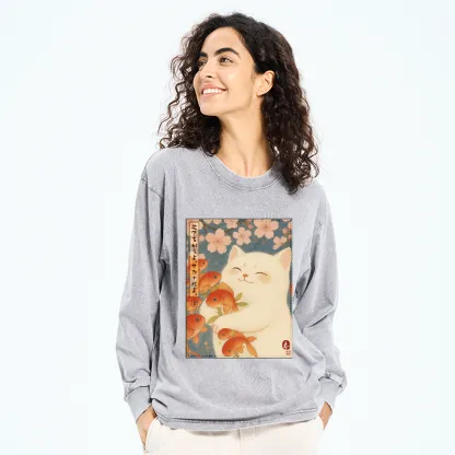 Tokyo-Tiger Funny Ukiyoe Cat and Fish Flower Washed Long Sleeve T-Shirt