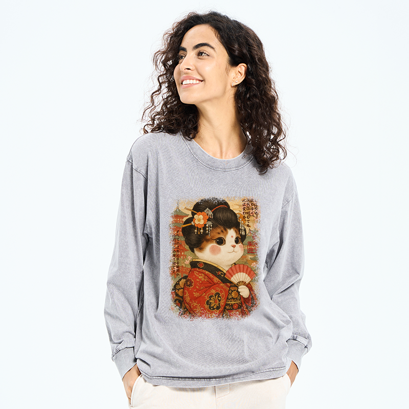 Tokyo-Tiger Ukiyoe Japanese Cat Princess Washed Long Sleeve T-Shirt