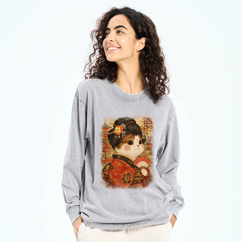 Tokyo-Tiger Ukiyoe Japanese Cat Princess Washed Long Sleeve T-Shirt