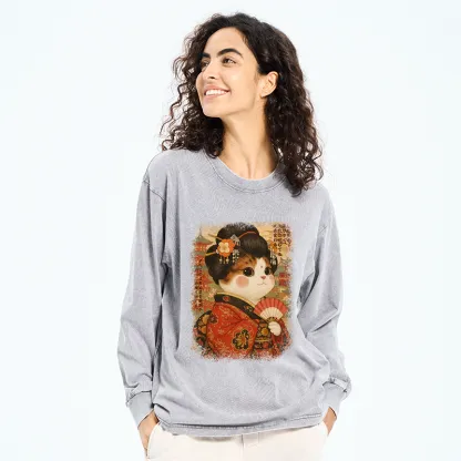 Tokyo-Tiger Ukiyoe Japanese Cat Princess Washed Long Sleeve T-Shirt