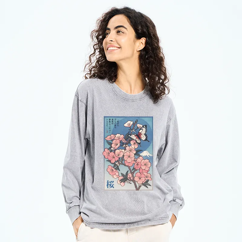 Tokyo-Tiger Ukiyoe Japanese Cherry blossoms Poster Washed Long Sleeve T-Shirt