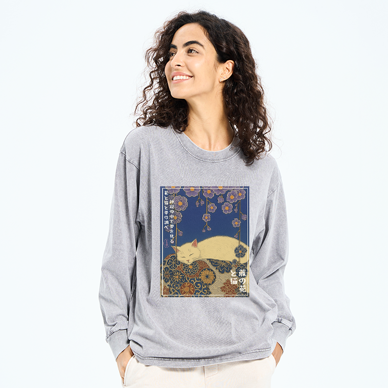 Tokyo-Tiger Ukiyoe Wisteria Flowers and Cats Washed Long Sleeve T-Shirt