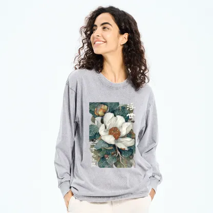 Tokyo-Tiger Ukiyoe Magnolia Flower Poster Washed Long Sleeve T-Shirt