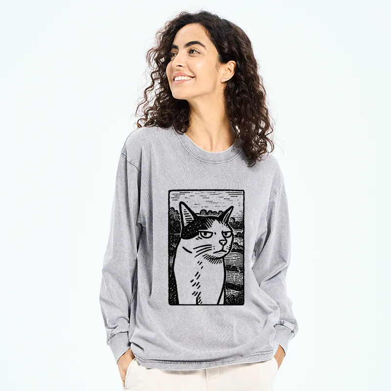 Tokyo-Tiger Cat's Hateful Eyes Washed Long Sleeve T-Shirt