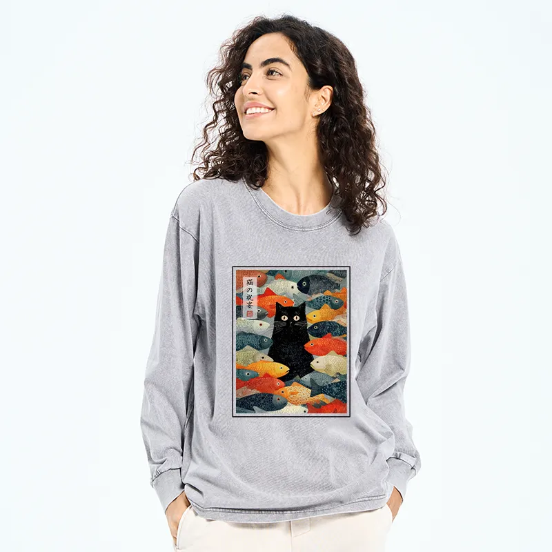 Tokyo-Tiger The Cat's Feast of Fish Washed Long Sleeve T-Shirt