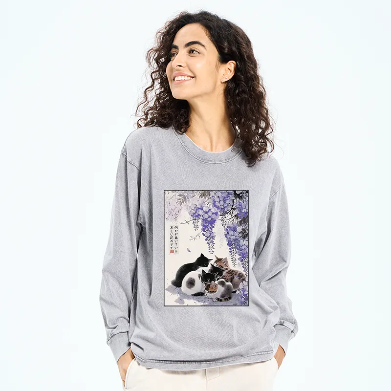 Tokyo-Tiger Cats plotting under the wisteria Washed Long Sleeve T-Shirt