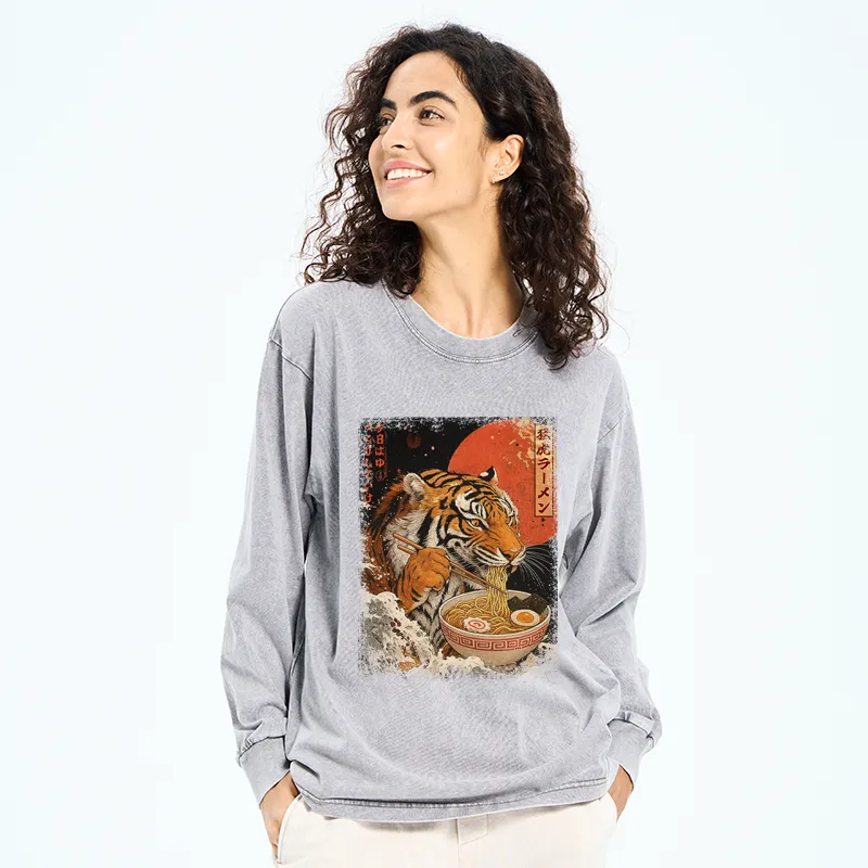 Tokyo-Tiger Ukiyoe Japan Tiger Eating Ramen Washed Long Sleeve T-Shirt