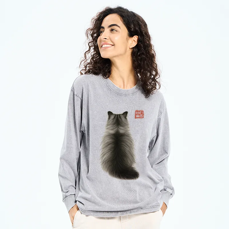 Tokyo-Tiger Cat's Back Ink Painting Washed Long Sleeve T-Shirt