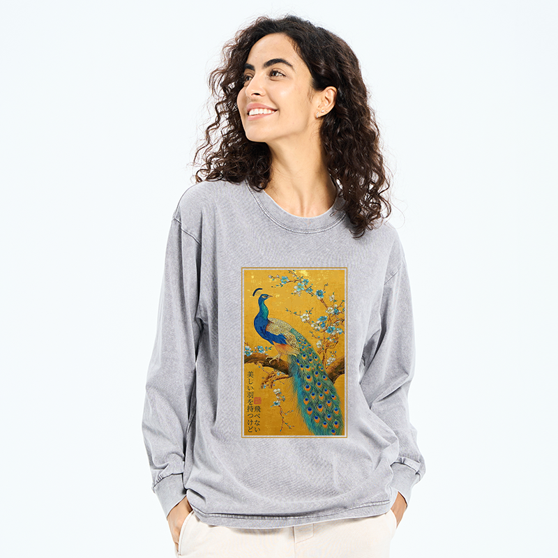 Tokyo-Tiger The Peacock's Silent Elegance Washed Long Sleeve T-Shirt