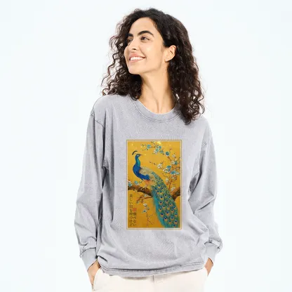 Tokyo-Tiger The Peacock's Silent Elegance Washed Long Sleeve T-Shirt