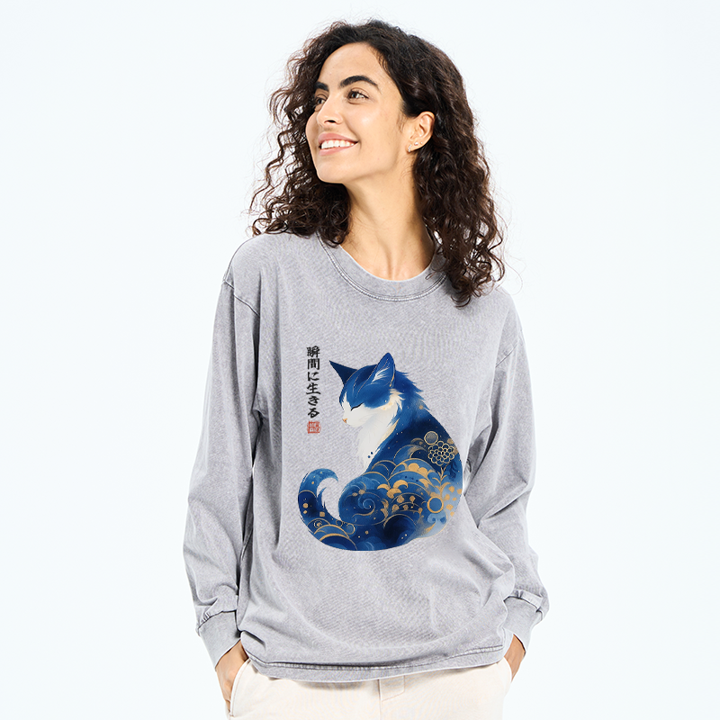 Tokyo-Tiger Retro Zen Cat: Living the Present Washed Long Sleeve T-Shirt