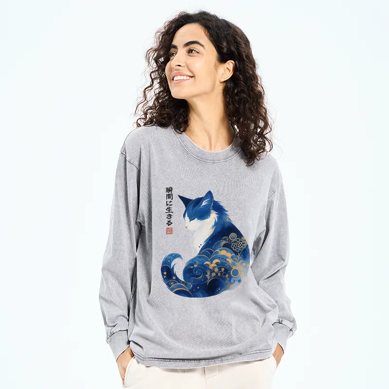 Tokyo-Tiger Retro Zen Cat: Living the Present Washed Long Sleeve T-Shirt