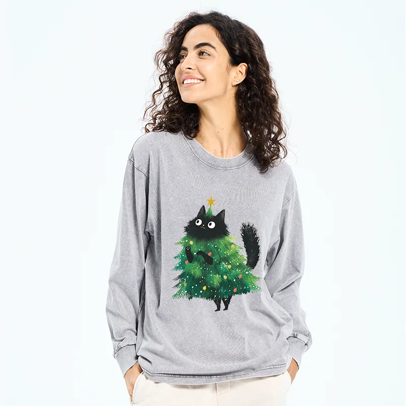 Tokyo-Tiger Christmas Tree Cat Japan Washed Long Sleeve T-Shirt