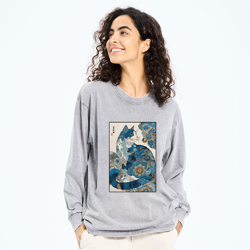 Tokyo-Tiger Japanese Ukiyo-e Flowers Cat Washed Long Sleeve T-Shirt