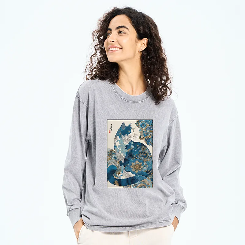 Tokyo-Tiger Japanese Ukiyo-e Flowers Cat Washed Long Sleeve T-Shirt