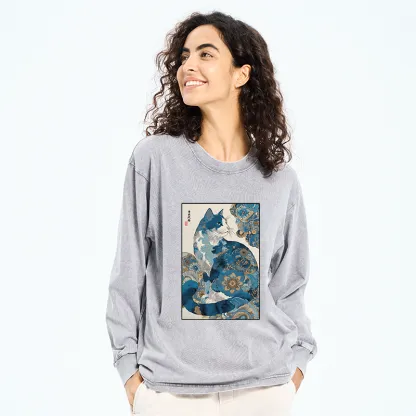 Tokyo-Tiger Japanese Ukiyo-e Flowers Cat Washed Long Sleeve T-Shirt
