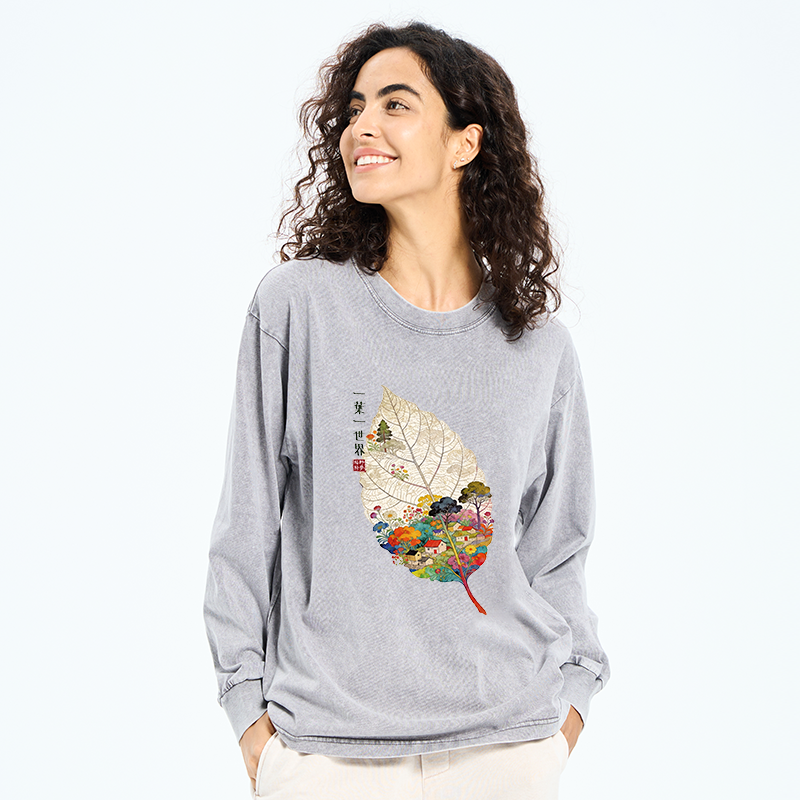 Tokyo-Tiger One Leaf Holds A Tiny Colorful World Washed Long Sleeve T-Shirt