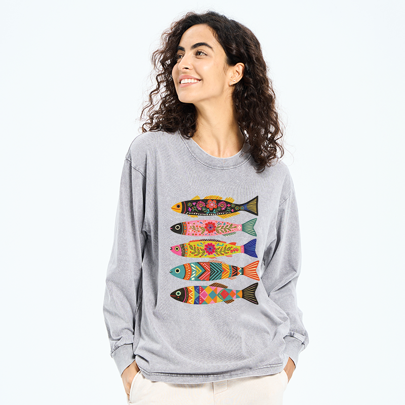 Tokyo-Tiger Colorful Patterned Fish Washed Long Sleeve T-Shirt