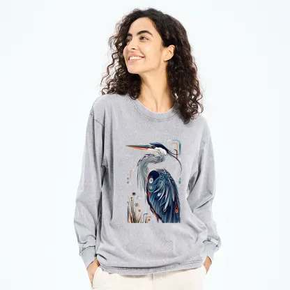 Tokyo-Tiger Stylish Blue Heron Washed Long Sleeve T-Shirt