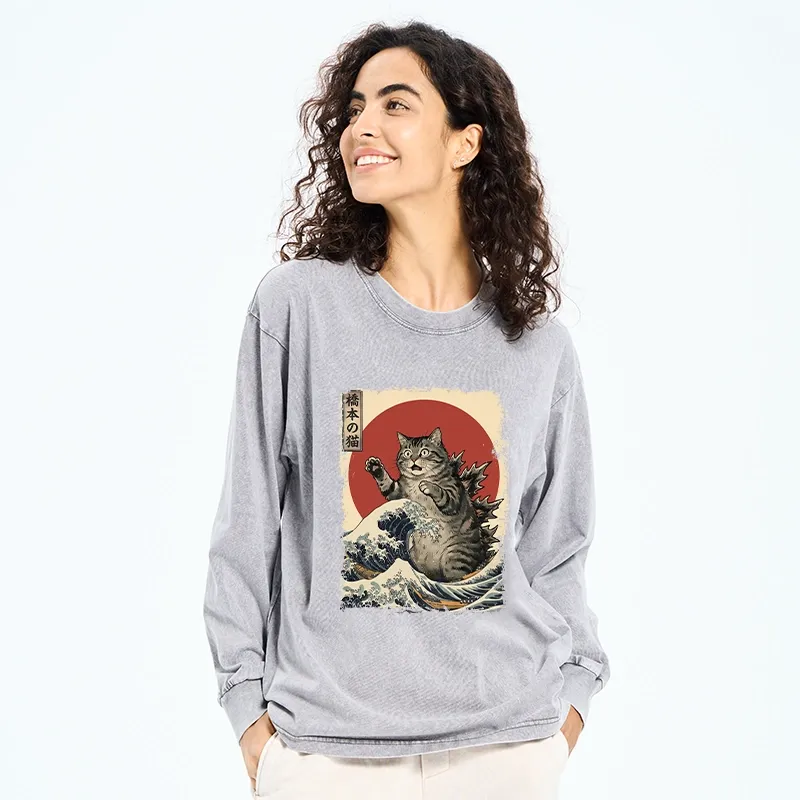 Tokyo-Tiger Catzilla Is Causing Destruction Washed Long Sleeve T-Shirt