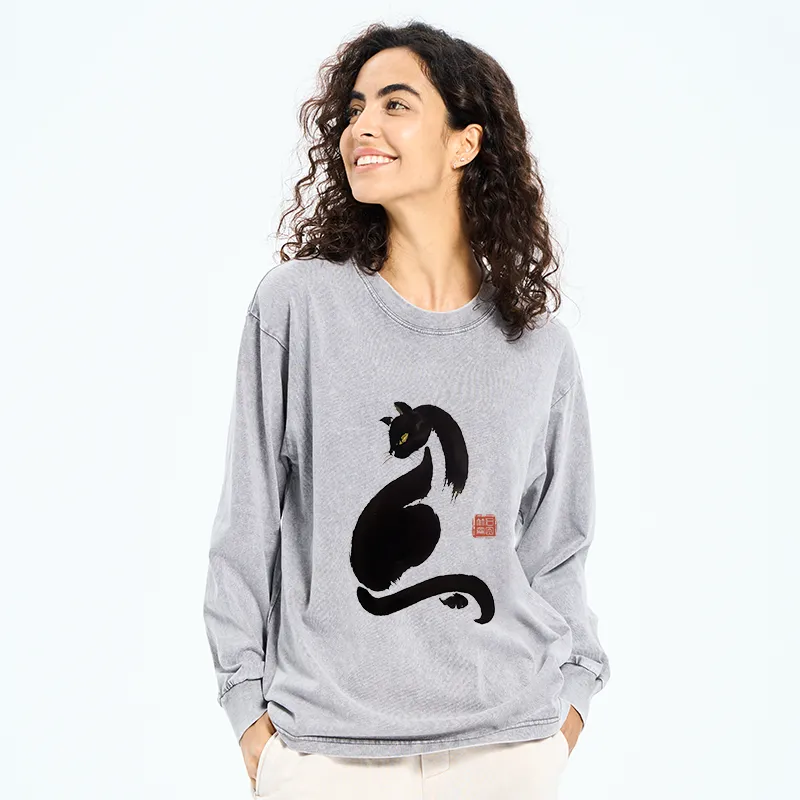Tokyo-Tiger Elegant Black Cat Japan Washed Long Sleeve T-Shirt