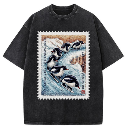 Tokyo-Tiger Gliding Penguin Stamp Washed T-Shirt
