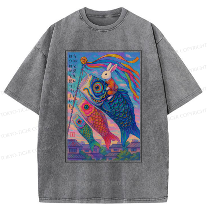 Tokyo-Tiger Ukiyoe Rabbit Ride Carp streamer Poster Washed T-Shirt