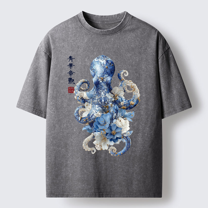 Tokyo-Tiger Porcelain Blossom Octopus Washed T-Shirt