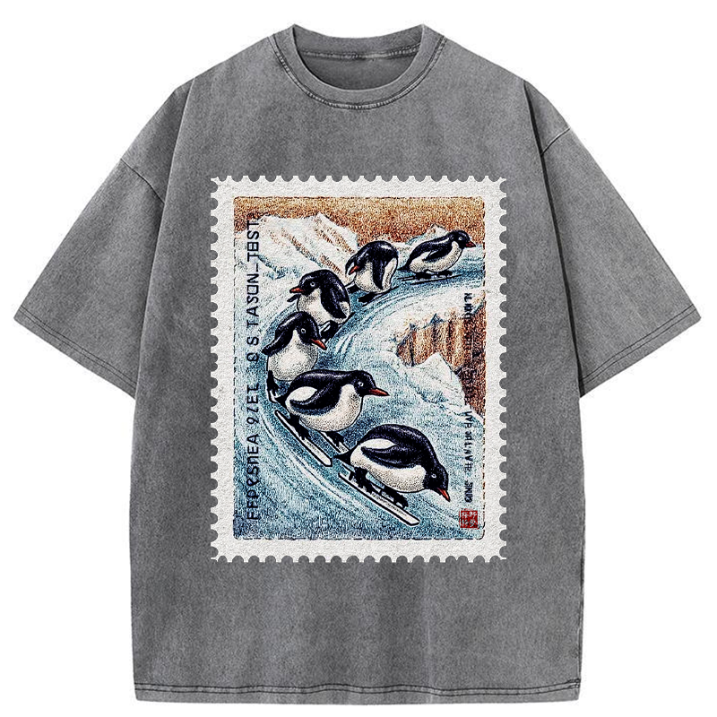 Tokyo-Tiger Gliding Penguin Stamp Washed T-Shirt