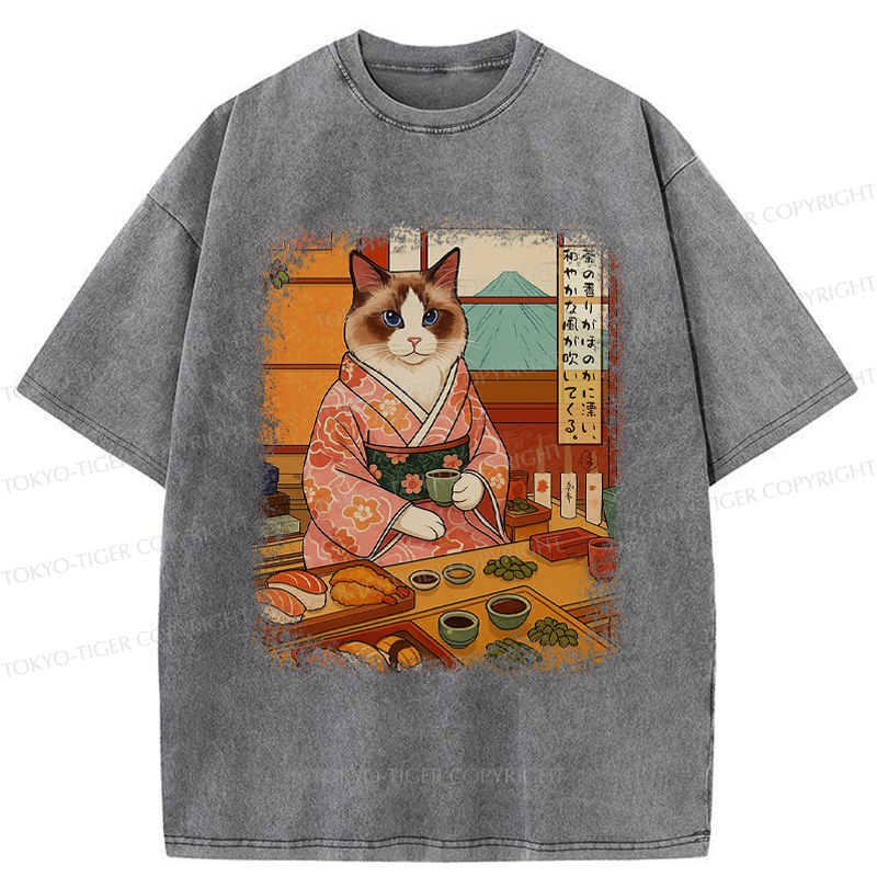 Tokyo-Tiger Ukiyoe Japanese Cat Princess Teahouse Washed T-Shirt