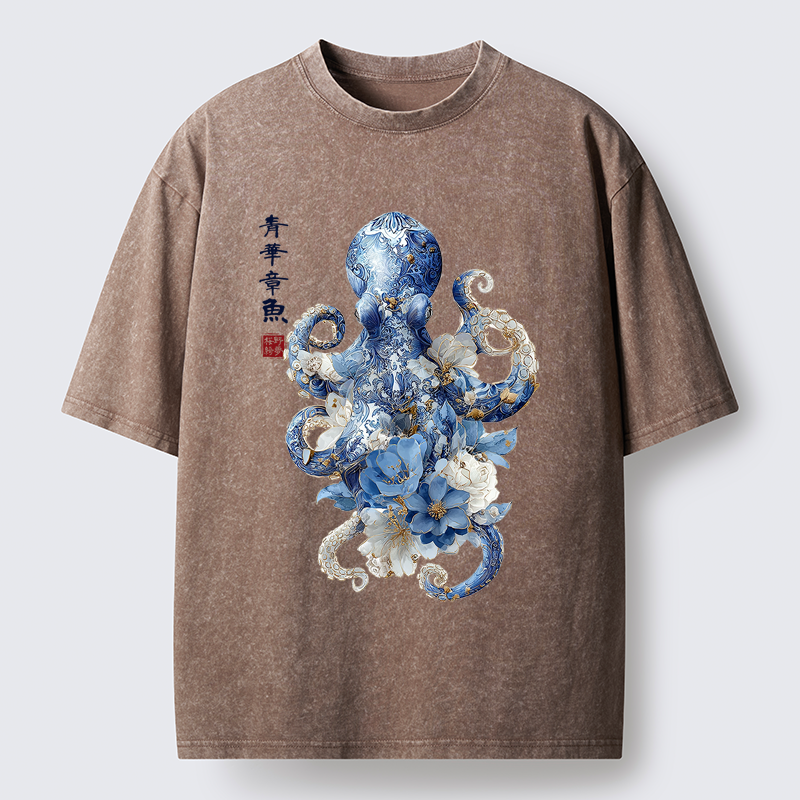 Tokyo-Tiger Porcelain Blossom Octopus Washed T-Shirt