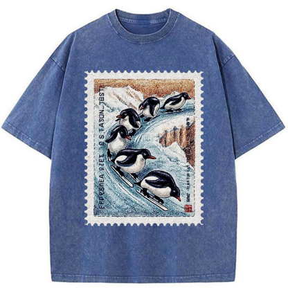 Tokyo-Tiger Gliding Penguin Stamp Washed T-Shirt