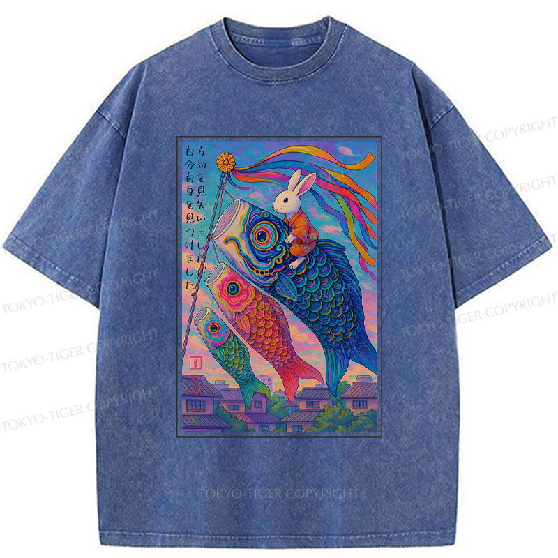 Tokyo-Tiger Ukiyoe Rabbit Ride Carp streamer Poster Washed T-Shirt