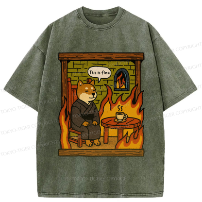 Tokyo-Tiger Funny This is fine Dog meme Washed T-Shirt