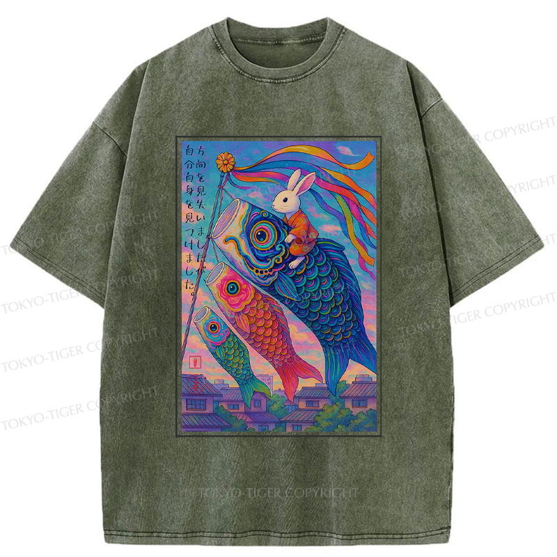 Tokyo-Tiger Ukiyoe Rabbit Ride Carp streamer Poster Washed T-Shirt
