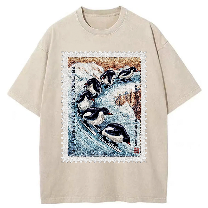 Tokyo-Tiger Gliding Penguin Stamp Washed T-Shirt