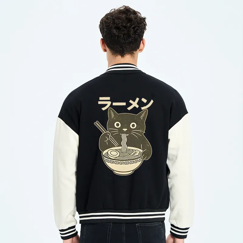 Tokyo-Tiger Simple Black Cat Eating Ramen Embroidery Varsity Jacket