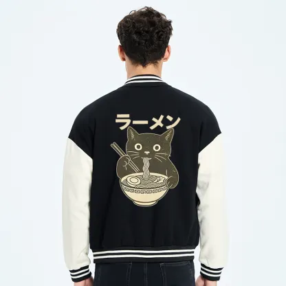 Tokyo-Tiger Simple Black Cat Eating Ramen Embroidery Varsity Jacket