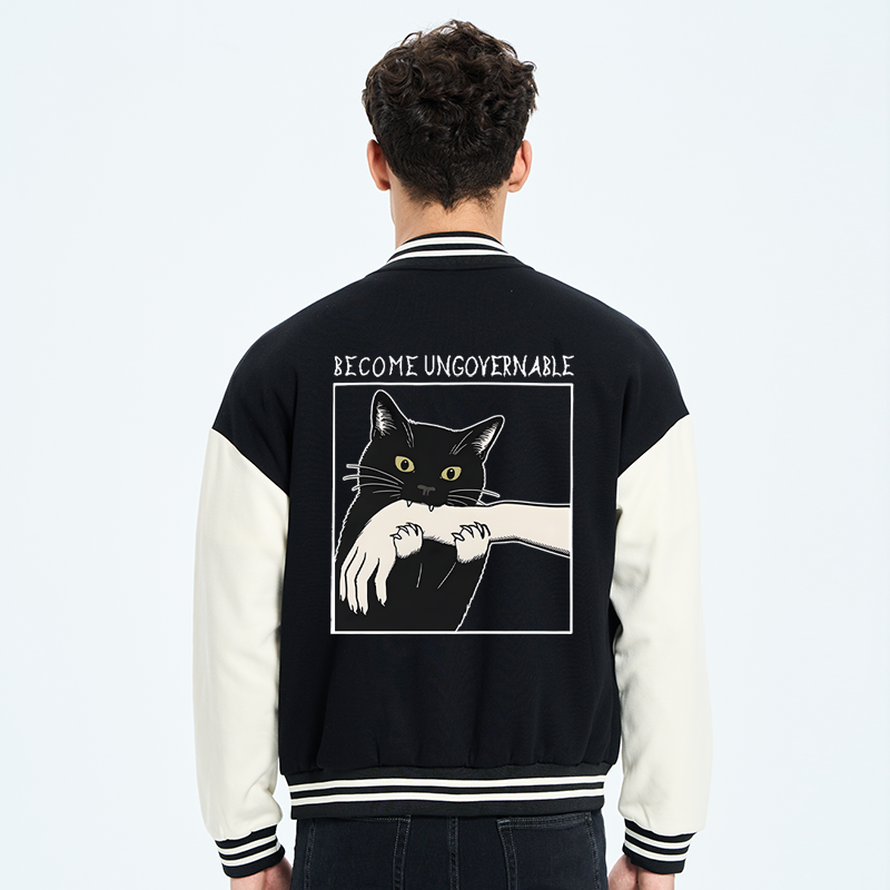 Tokyo-Tiger Black Cat Biting Embroidery Varsity Jacket