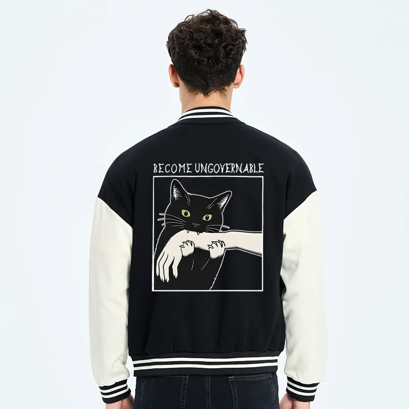 Tokyo-Tiger Black Cat Biting Embroidery Varsity Jacket