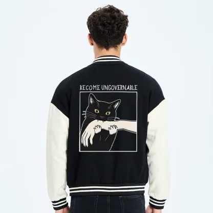 Tokyo-Tiger Black Cat Biting Embroidery Varsity Jacket